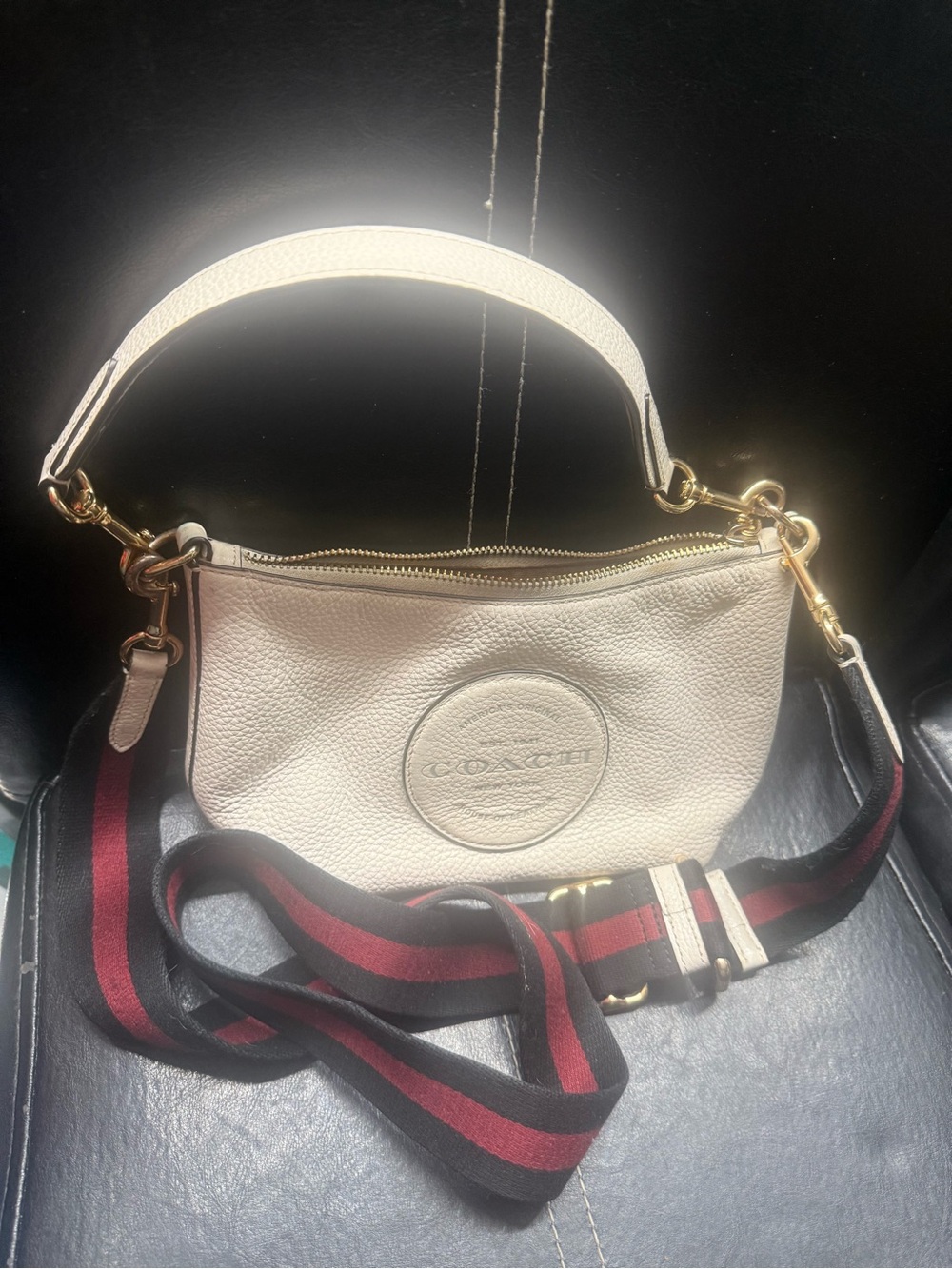 COACH Cream Pebbled Leather Shoulder Bag with Striped Web Strap